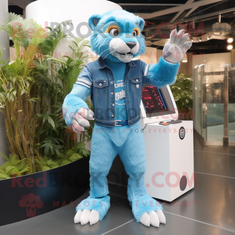 Sky Blue Smilodon mascot costume character dressed with a Denim Shorts and Digital watches Sky Blue Smilodon mascot costume character dressed with a Denim Shorts and Digital watches