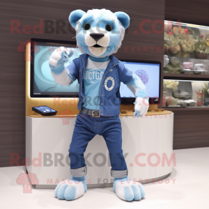Sky Blue Smilodon mascot costume character dressed with a Denim Shorts and Digital watches