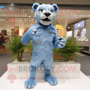 Sky Blue Smilodon mascot costume character dressed with a Denim Shorts and Digital watches
