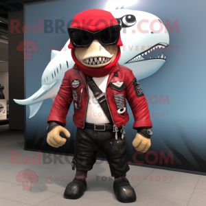 Red Megalodon mascot costume character dressed with a Biker Jacket and Sunglasses