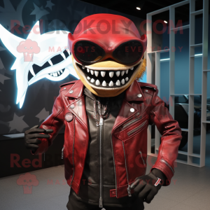 Red Megalodon mascot costume character dressed with a Biker Jacket and Sunglasses