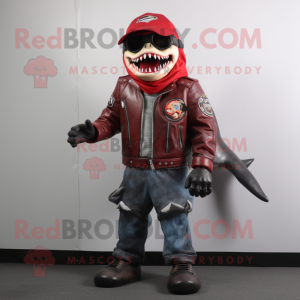 Red Megalodon mascot costume character dressed with a Biker Jacket and Sunglasses