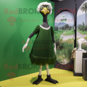 Forest Green Ostrich mascot costume character dressed with a Shift Dress and Bracelets