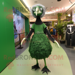 Forest Green Ostrich mascot costume character dressed with a Shift Dress and Bracelets