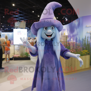 Lavender Witch mascot costume character dressed with a Denim Shorts and Beanies