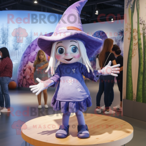 Lavender Witch mascot costume character dressed with a Denim Shorts and Beanies