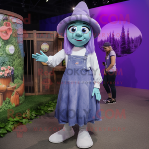 Lavender Witch mascot costume character dressed with a Denim Shorts and Beanies