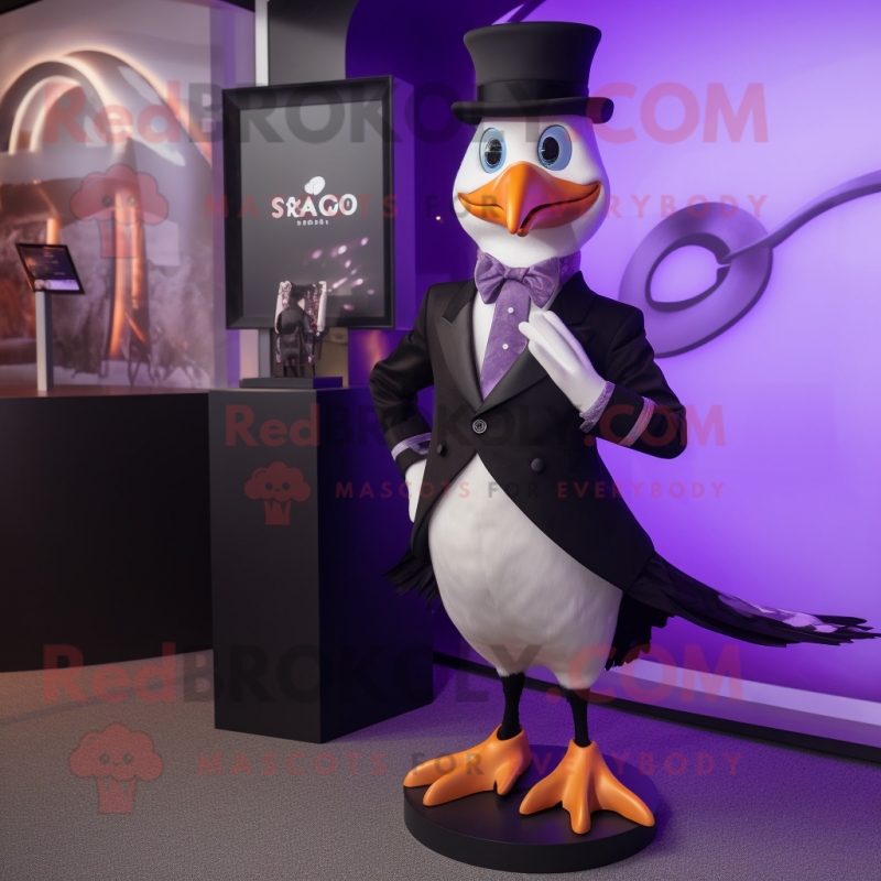 Purple Seagull mascot costume character dressed with a Tuxedo and Smartwatches Purple Seagull mascot costume character dressed with a Tuxedo and Smartwatches