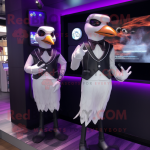 Purple Seagull mascot costume character dressed with a Tuxedo and Smartwatches