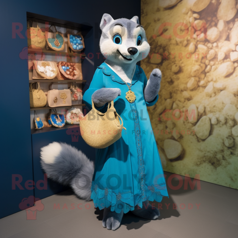 Blue Marten mascot costume character dressed with a Dress and Coin purses Blue Marten mascot costume character dressed with a Dress and Coin purses