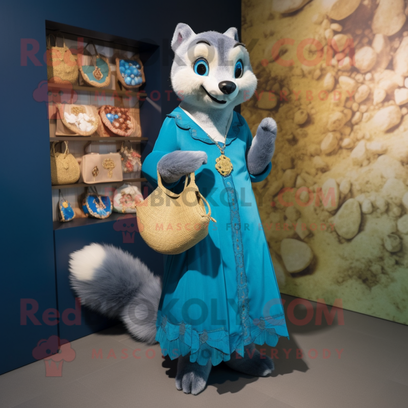 Blue Marten mascot costume character dressed with a Dress and Coin purses