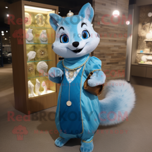 Blue Marten mascot costume character dressed with a Dress and Coin purses