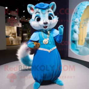 Blue Marten mascot costume character dressed with a Dress and Coin purses