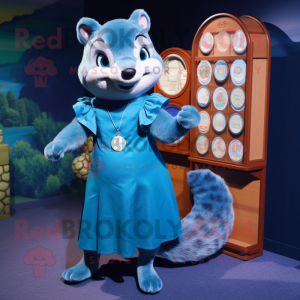 Blue Marten mascot costume character dressed with a Dress and Coin purses