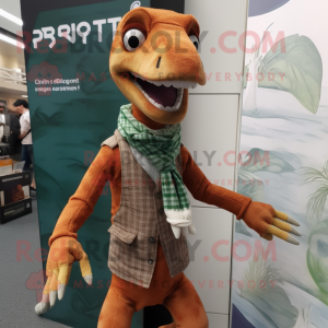 Rust Coelophysis mascot costume character dressed with a Cardigan and Suspenders