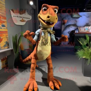 Rust Coelophysis mascot costume character dressed with a Cardigan and Suspenders