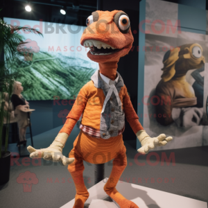 Rust Coelophysis mascot costume character dressed with a Cardigan and Suspenders