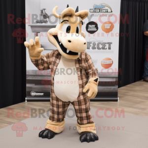 Tan Dragon mascot costume character dressed with a Flannel Shirt and Earrings