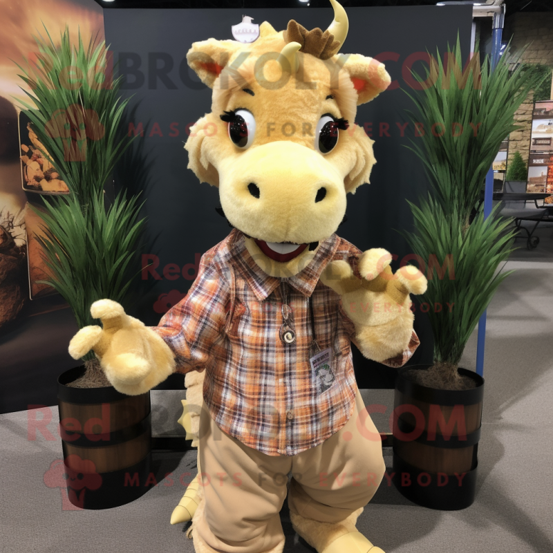 Tan Dragon mascot costume character dressed with a Flannel Shirt and Earrings