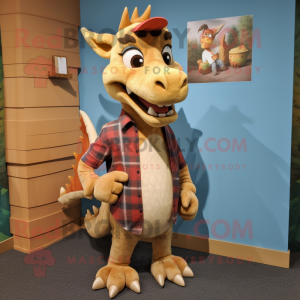 Tan Dragon mascot costume character dressed with a Flannel Shirt and Earrings