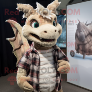 Tan Dragon mascot costume character dressed with a Flannel Shirt and Earrings