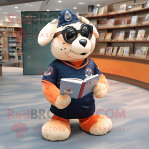 Peach Navy Seal mascot costume character dressed with a Rugby Shirt and Reading glasses