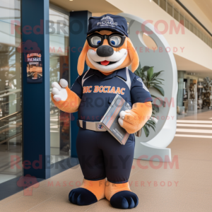 Peach Navy Seal mascot costume character dressed with a Rugby Shirt and Reading glasses
