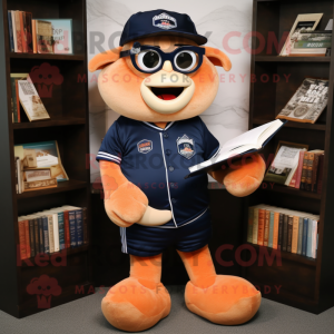 Peach Navy Seal mascot costume character dressed with a Rugby Shirt and Reading glasses