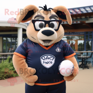 Peach Navy Seal mascot costume character dressed with a Rugby Shirt and Reading glasses