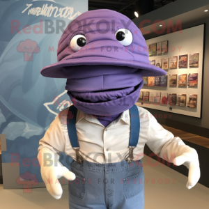 Purple Trilobite mascot costume character dressed with a Poplin Shirt and Hat pins