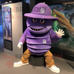 Purple Trilobite mascot costume character dressed with a Poplin Shirt and Hat pins