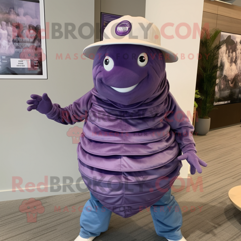 Purple Trilobite mascot costume character dressed with a Poplin Shirt and Hat pins