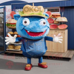 Blue Pulled Pork Sandwich mascot costume character dressed with a Flare Jeans and Clutch bags