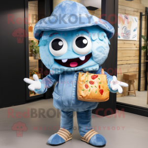 Blue Pulled Pork Sandwich mascot costume character dressed with a Flare Jeans and Clutch bags