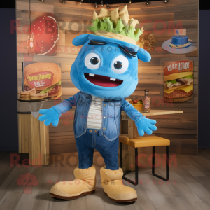 Blue Pulled Pork Sandwich mascot costume character dressed with a Flare Jeans and Clutch bags