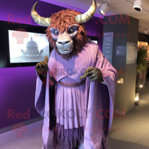 Lavender Minotaur mascot costume character dressed with a Wrap Dress and Shawl pins