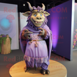 Lavender Minotaur mascot costume character dressed with a Wrap Dress and Shawl pins