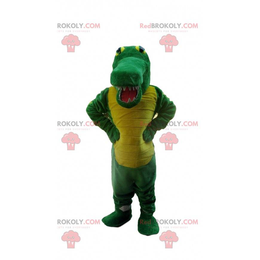 Mascotte de crocodile vert et jaune, costume d'alligator -