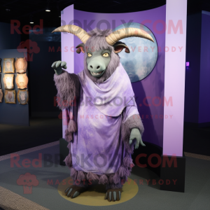 Lavender Minotaur mascot costume character dressed with a Wrap Dress and Shawl pins