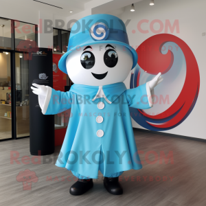 Sky Blue Ring Master mascot costume character dressed with a Windbreaker and Shawls