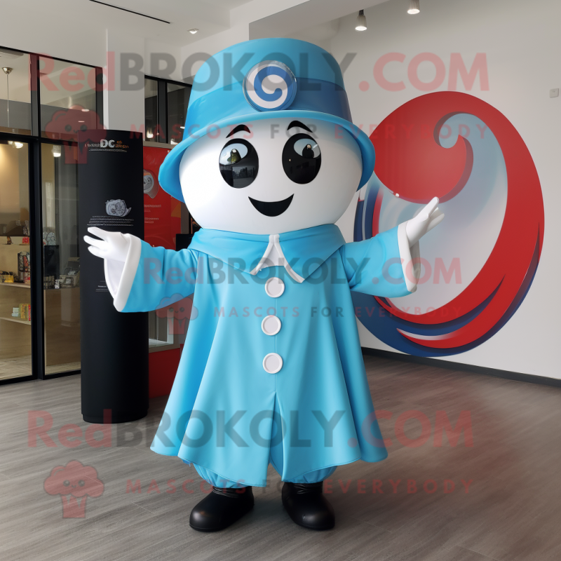 Sky Blue Ring Master mascot costume character dressed with a Windbreaker and Shawls Sky Blue Ring Master mascot costume character dressed with a Windbreaker and Shawls