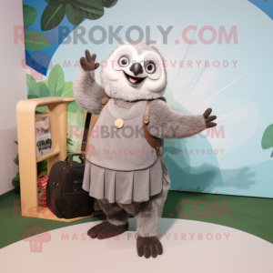 Gray Sloth mascot costume character dressed with a A-Line Dress and Wallets