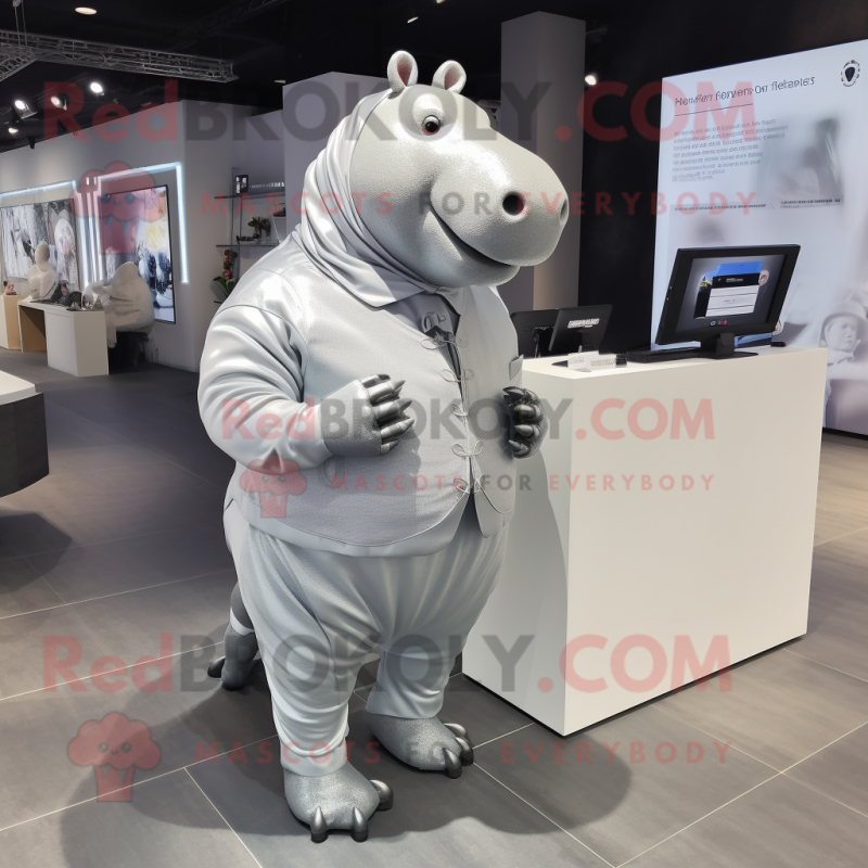 Silver Hippopotamus mascot costume character dressed with a Pencil Skirt and Smartwatches