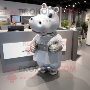 Silver Hippopotamus mascot costume character dressed with a Pencil Skirt and Smartwatches