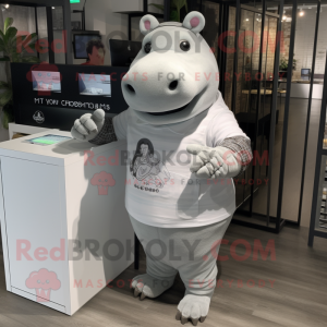 Silver Hippopotamus mascot costume character dressed with a Pencil Skirt and Smartwatches