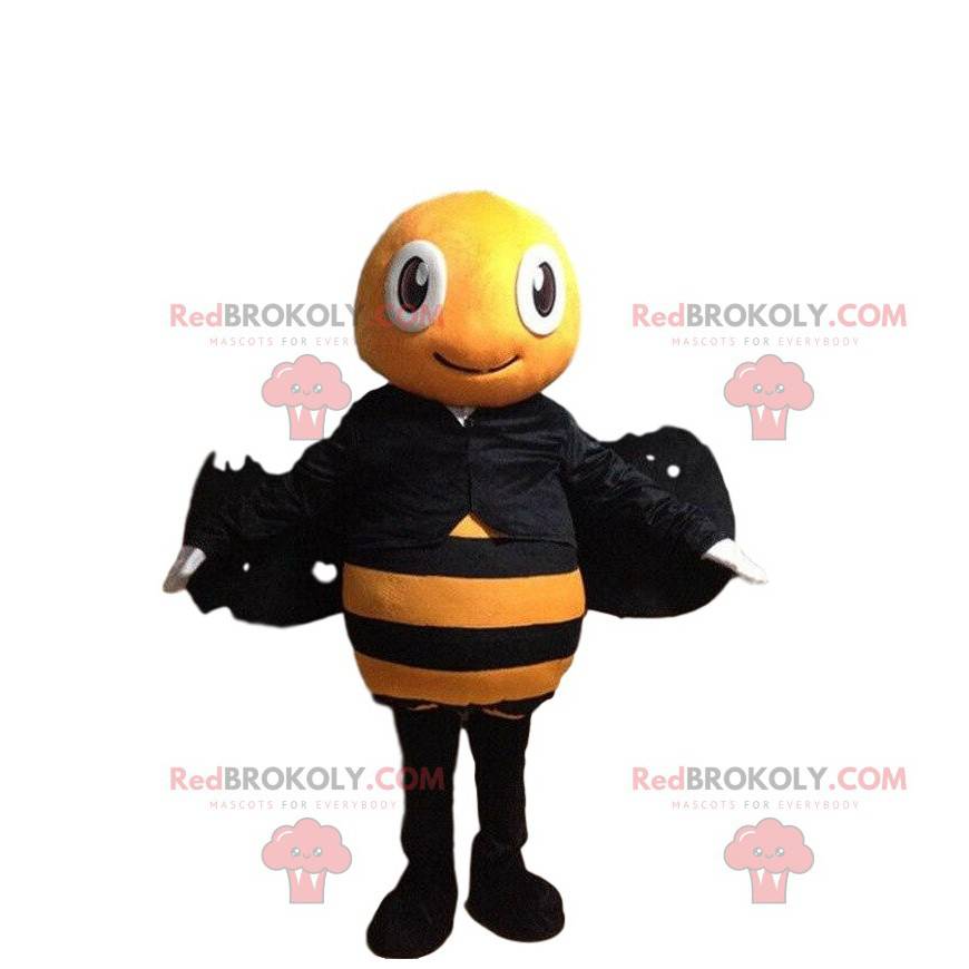 Yellow and black bee mascot, smiling wasp costume -