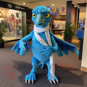 Sky Blue Utahraptor mascot costume character dressed with a Swimwear and Scarf clips
