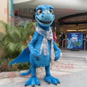 Sky Blue Utahraptor mascot costume character dressed with a Swimwear and Scarf clips