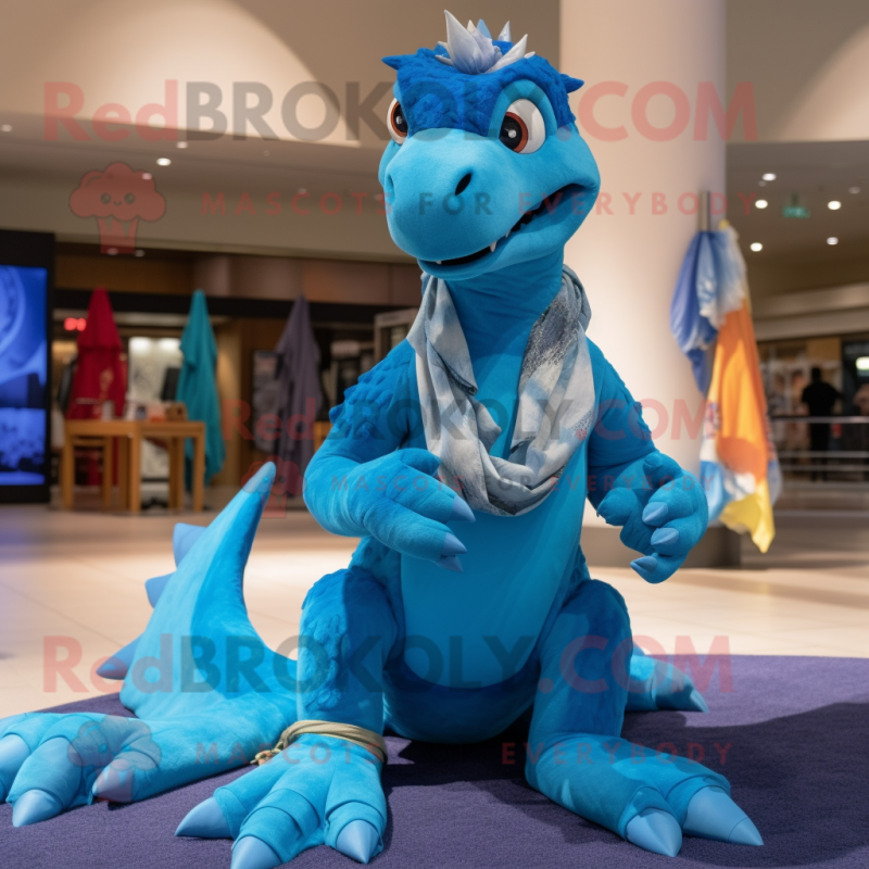 Sky Blue Utahraptor mascot costume character dressed with a Swimwear and Scarf clips Sky Blue Utahraptor mascot costume character dressed with a Swimwear and Scarf clips