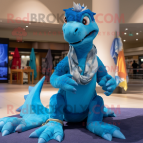 Sky Blue Utahraptor mascot costume character dressed with a Swimwear and Scarf clips